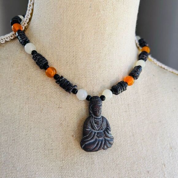 Buddha Beaded Black Puka Bead Orange White Unisex Choker Necklace - Picture 5 of 5